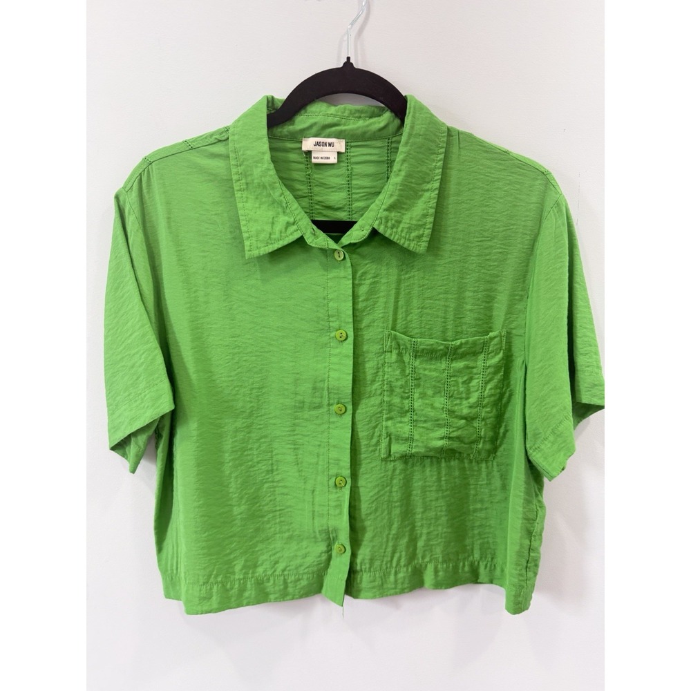 Jason Wu Green Button Down Crop Top Large Short Sleeve Rayon Nylon Blend